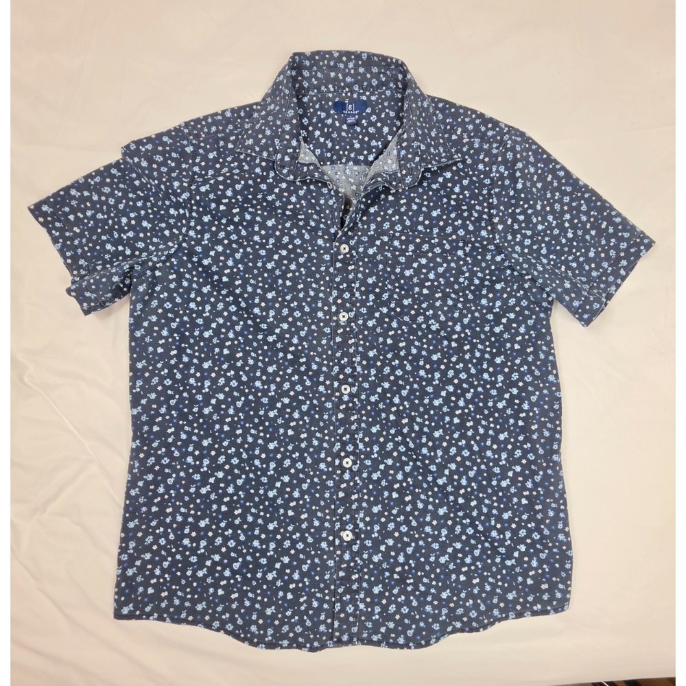 George Mens L Floral Shirt Navy Blue Short Sleeve Button Up Classic Casual